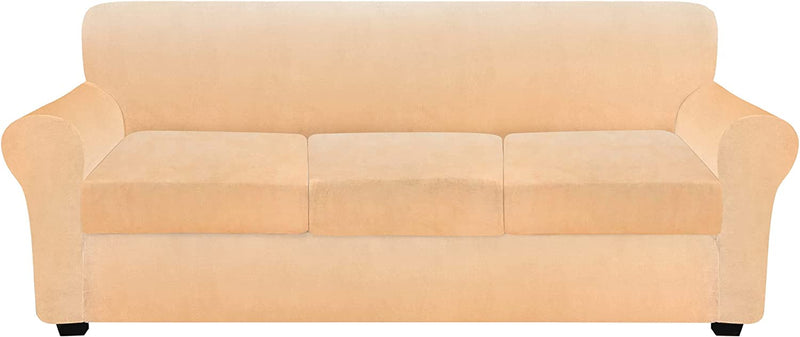 FINERFIBER Velvet High Stretch 4 Piece Sofa Slipcover | Thick Couch Cover for Pets | Couch Covers for 3 Cushion Couch | Furniture Protector for 3 Separate Cushion Couch Machine Washable (Sofa,Red) Home & Garden > Decor > Chair & Sofa Cushions FINERFIBER Sand 3 seater 