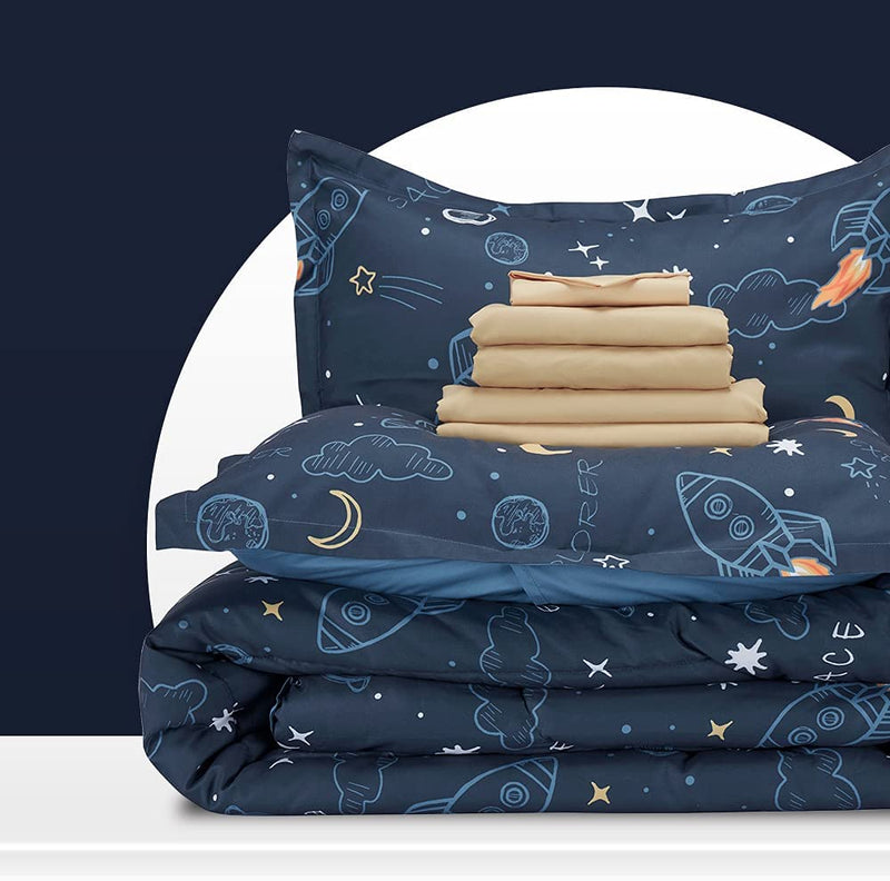 SLEEP ZONE Kids Twin Bedding Comforter Set - 5 Pieces Super Cute & Soft Bedding Sets & Collections with Comforter, Sheet, Pillowcase & Sham - Fade Resistant Easy Care (Blue/Blue Dino) Home & Garden > Linens & Bedding > Bedding SLEEP ZONE Space Rocket Full/Queen (7-Piece Set) 