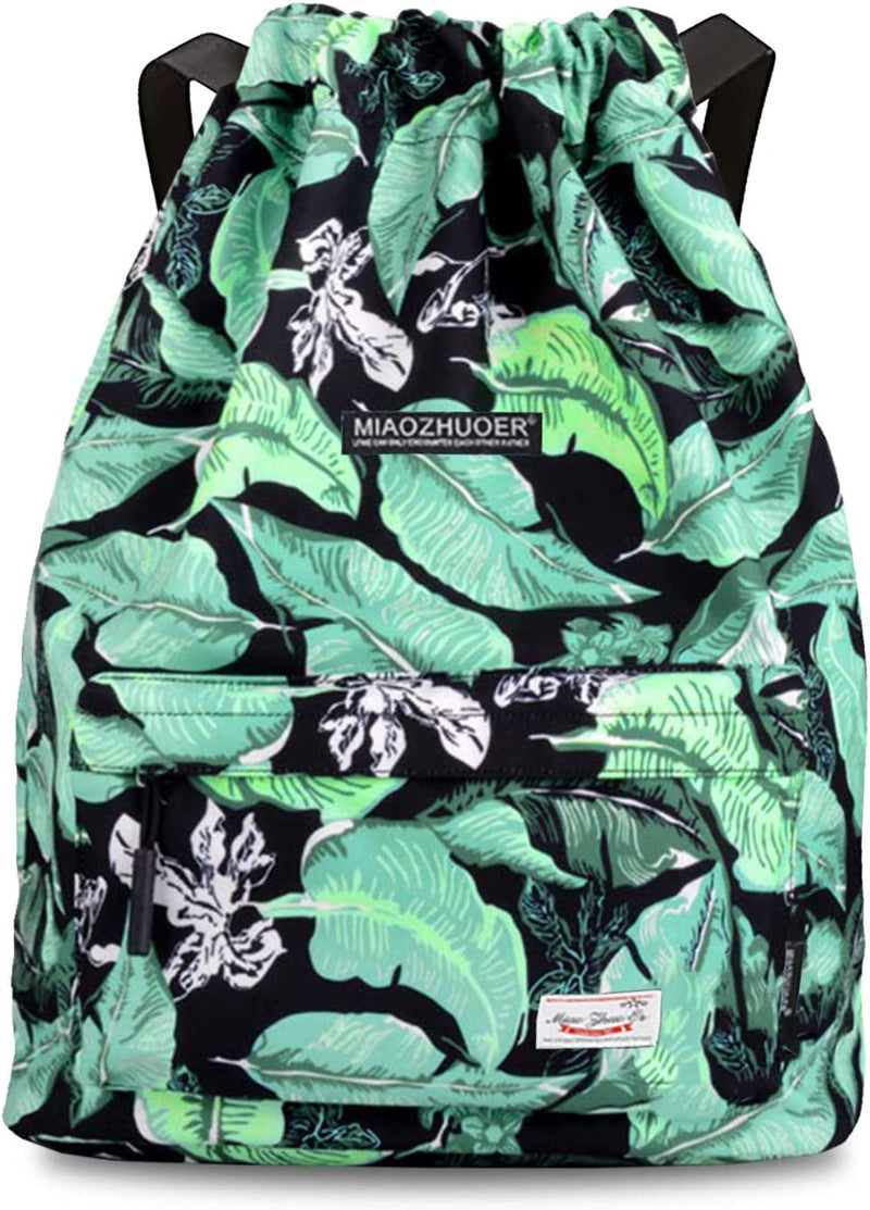 Waterproof Drawstring Bag, Gym Bag Sackpack Sports Backpack for Men Women Girls Home & Garden > Household Supplies > Storage & Organization Risefit 04-green Leaves  