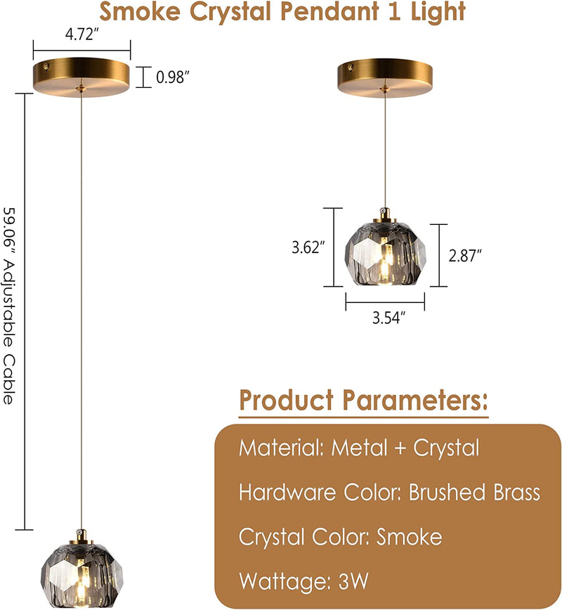 Yaskina 1-Light Cut Crystal Pendant Light in Smoke, Mini LED Ceiling Light Fixtures 3W, Modern Prism Crystal Pendant Hanging Lamps for Kitchen Island Bedside