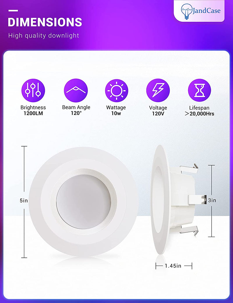 Jandcase 4In Led Recessed Light, E26 10W(75W Equivalent) Recessed Downlight with Timer, RGBCW with Remote Control, 3 Modes Can Lights for Ceiling, 2700K-5000K Dimmable, 16 Color Changing, 6 Pack