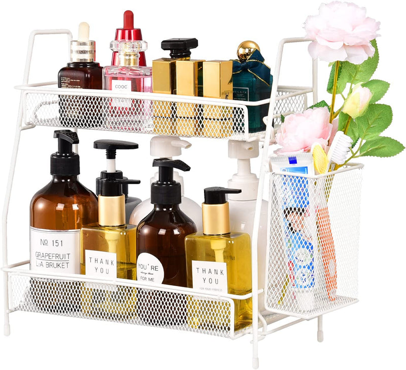 FIXPARTS Countertop Organizer for Bathroom Counter, the Organizer for Bedroom, Spice Rack Organizer for Kitchen Counter Shelf with Small Basket(Black) Home & Garden > Household Supplies > Storage & Organization Fixparts White  