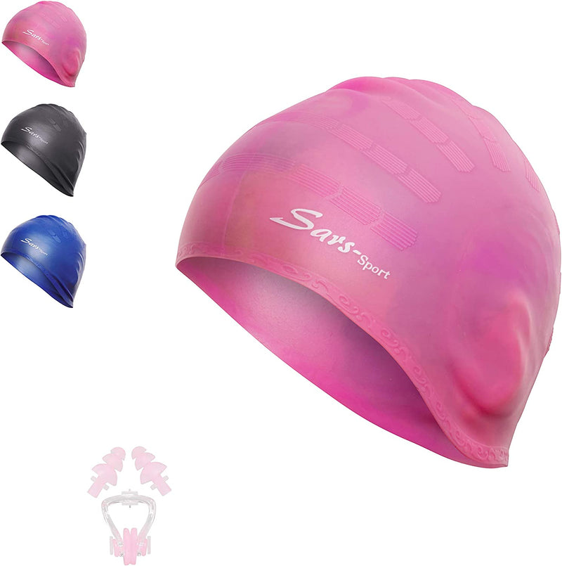 E-Sars Swim Caps Keep Hair Dry & Cover Ears - Stretch to Fit Most - for Short or Long Hair - for Women Men Adults Youth Teens Kids - Swimming Cap Sets Includes Earplug and Nose Clip as a Bonus Sporting Goods > Outdoor Recreation > Boating & Water Sports > Swimming > Swim Caps e-Sars Pink  