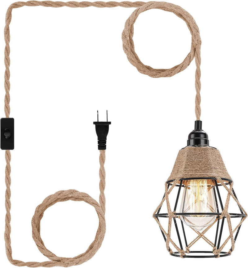 Industrial Plug in Pendant Light - 16.4Ft Hanging Lights with Plug in Cord Hemp Rope Hanging Lamp Farmhouse Hanging Light Fixtures with On/Off Switch for Kitchen Island Bedroom Living Room Home & Garden > Lighting > Lighting Fixtures FRIDEKO HOME Metal Cage Lampshade with Hemp Rope  