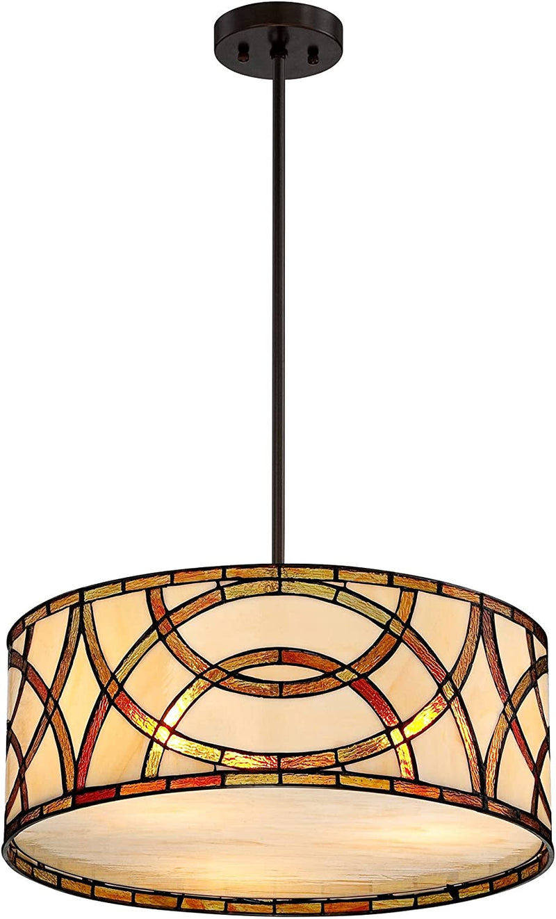 Robert Louis Tiffany Art Glass Circles Bronze Drum Pendant Chandelier Lighting 20" Wide Tiffany Style 3-Light Fixture for Dining Room House Foyer Entryway Kitchen Bedroom Living Room High Ceilings Home & Garden > Lighting > Lighting Fixtures > Chandeliers Robert Louis Tiffany   