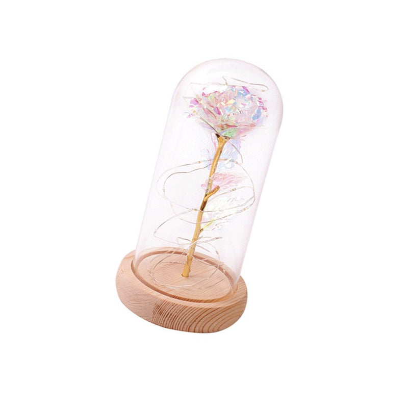 FRCOLOR Artificial Rose Glass Cover LED Light Glass Dome Lamp Romantic Flower Decor Gift for Wedding Birthday Valentine'S Day (Beige Wooden Base)