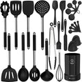 Silicone Kitchen Cooking Utensil Set, 27Pcs Non-Stick Kitchen Utensils Spatula Set with Stainless Steel Handles, Heat Resistant Kitchen Tool Set with Measuring Cups, Silicone Gloves (Black)