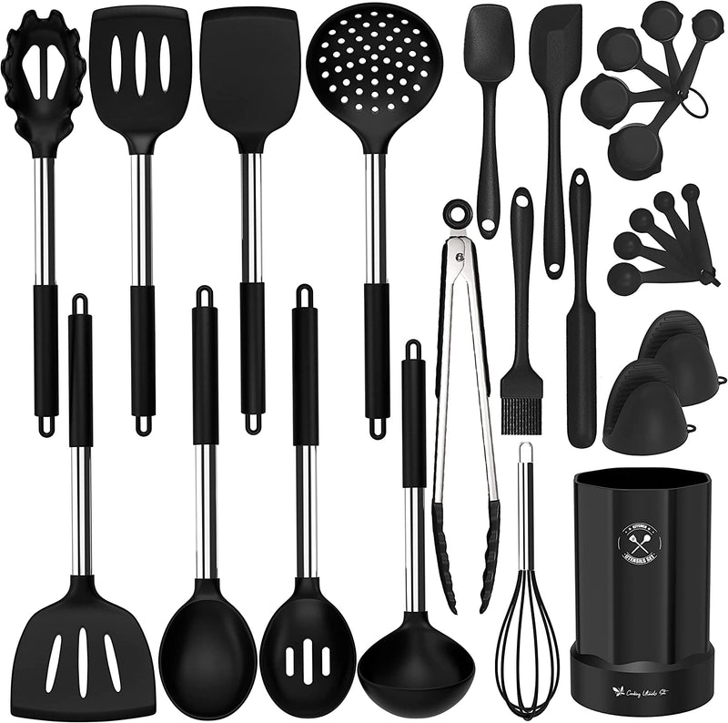 Silicone Kitchen Cooking Utensil Set, 27Pcs Non-Stick Kitchen Utensils Spatula Set with Stainless Steel Handles, Heat Resistant Kitchen Tool Set with Measuring Cups, Silicone Gloves (Black) Home & Garden > Kitchen & Dining > Kitchen Tools & Utensils CACOLES Black  