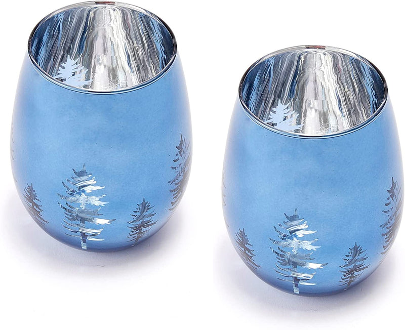 Crystal Christmas Tree Xmas Wine & Water Stemless Glasses - Set of 2 - Holiday Themed Vibrant Blue Etched Winter Snow Wonderland Frosted Glass, Perfect for Holidays Parties, Gifts for Him & Her Trees