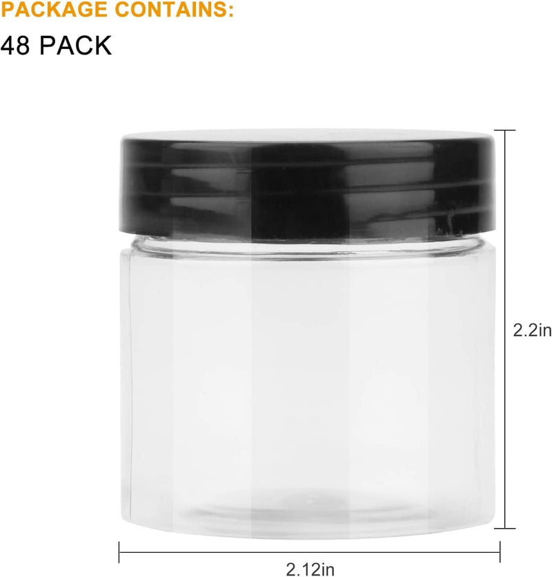 2.5 Oz Durable Plastic Jars, Accguan Clear Container for Food Storage, Airtight Plastic Jars Ideal for Dry Food, Spices and Bird Feed Storage, 48 PACK