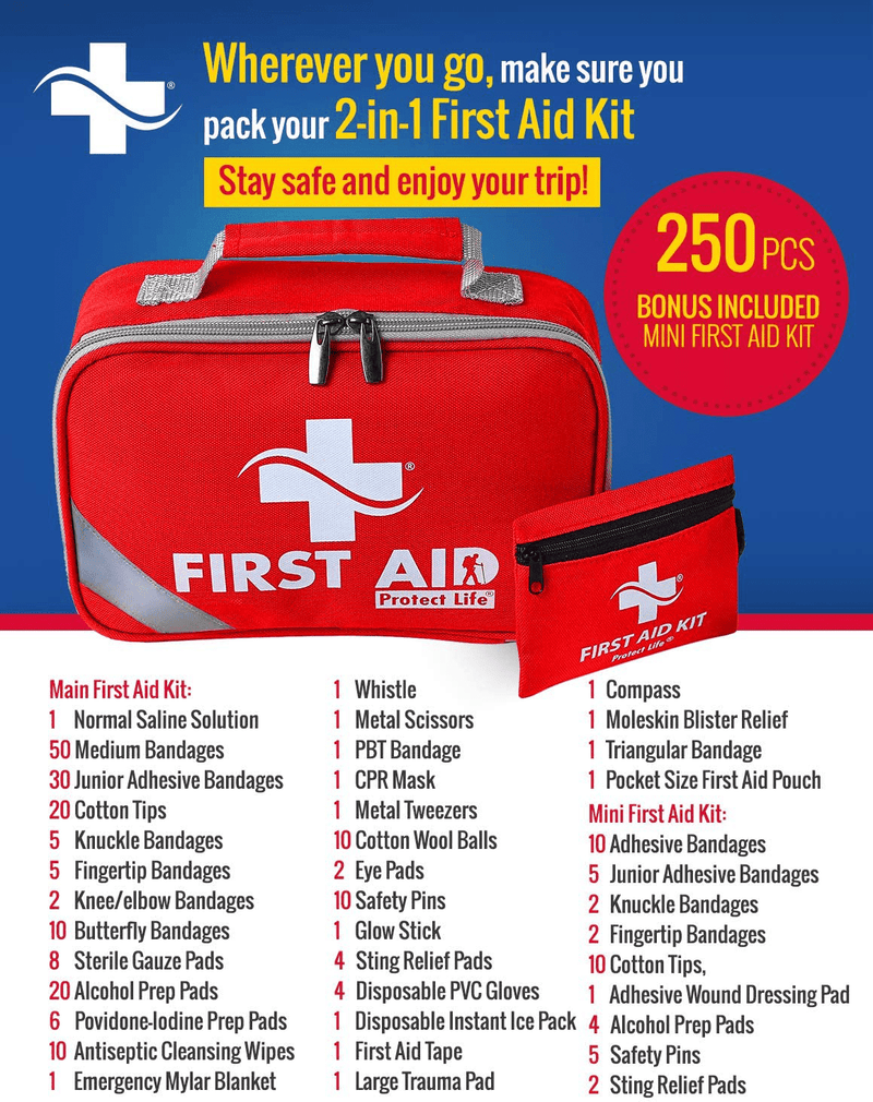 2-in-1 First Aid Kit for Car - 250 Piece - First Aid Kits for Businesses | Home First Aid Kit, Bonus Mini 1st Aid Kit, Emergency Supplies for Travel, Workplace & More Health & Beauty > Health Care > First Aid > First Aid Kits Protect Life   