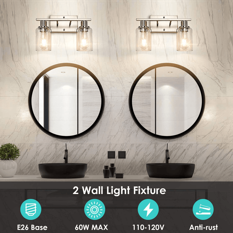 2-Light Bathroom Vanity Light Fixtures, Modern Wall Lighting with Clear Glass Shade, Brushed Nickel Finished Wall Sconce Lighting, Porch Wall Lamp for Mirror, Living Room, Bedroom, Hallway( E26 Base)