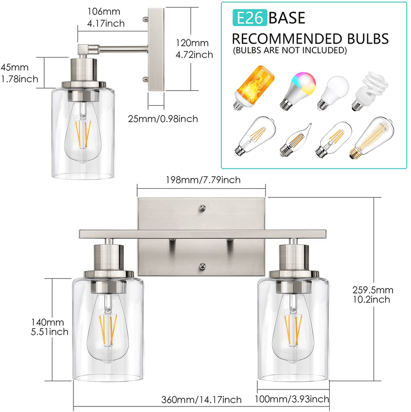 2-Light Bathroom Vanity Light Fixtures, Modern Wall Lighting with Clear Glass Shade, Brushed Nickel Finished Wall Sconce Lighting, Porch Wall Lamp for Mirror, Living Room, Bedroom, Hallway( E26 Base)