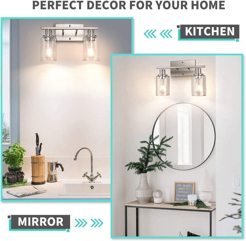2-Light Bathroom Vanity Light Fixtures, Modern Wall Lighting with Clear Glass Shade, Brushed Nickel Finished Wall Sconce Lighting, Porch Wall Lamp for Mirror, Living Room, Bedroom, Hallway( E26 Base) Home & Garden > Lighting > Lighting Fixtures > Wall Light Fixtures KOL DEALS   