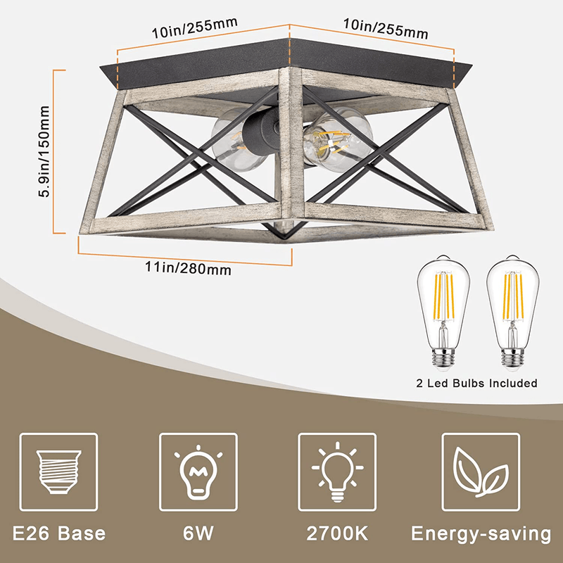 2-Light Flush Mount Ceiling Light, Farmhouse Close to Ceiling Light with Metal Geometric Shape and X- Brace Design, Rustic Ceiling Light Fixture for Hallway Entryway Foyer, Dimmable Led Bulbs Included