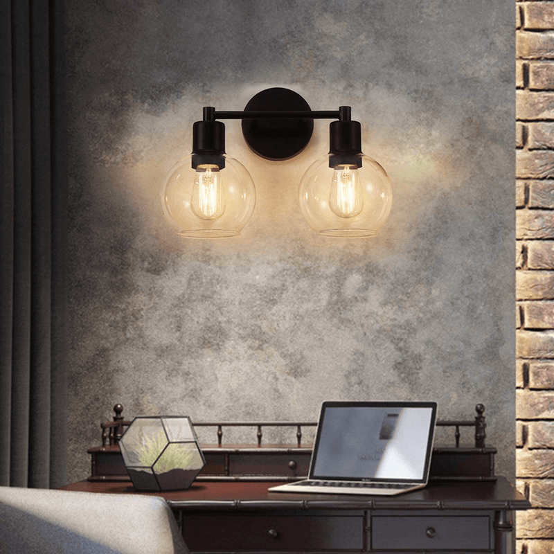 2 Light Modern Globe Wall Sconce, Industrial Bathroom Vanity Light with Globe Glass, Indoor Wall Lamp Fixtures for Hallway,Kitchen,Bedroom(Black)