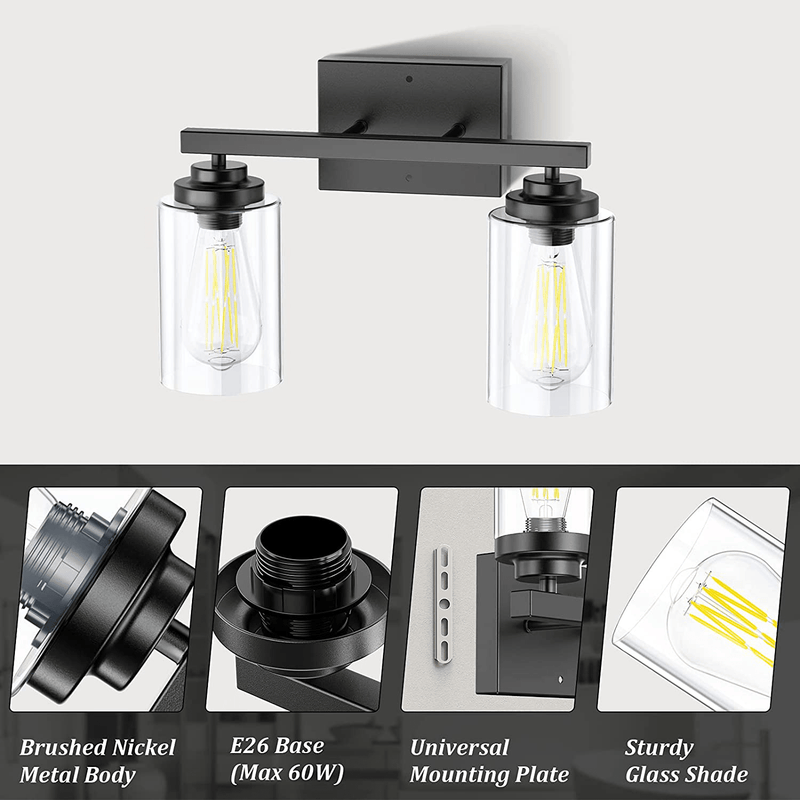 2-Light Vanity Light Fixtures, Black Farmhouse Wall Lamp Sconces Wall Lighting with Clear Glass Shade, Modern Wall Light Fixtures Bathroom Lights for Mirror, Living Room, Bedroom, Hallway