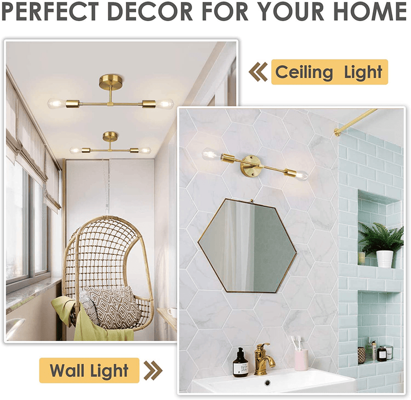 2-Light Vanity Light Fixtures, Gold Bathroom Wall Sconce Mid Century Modern Wall Mounted Lamp Brushed Brass Sconce Indoor Vintage Wall Lighting for Mirror Hallway Kitchen Bedroom Living Room