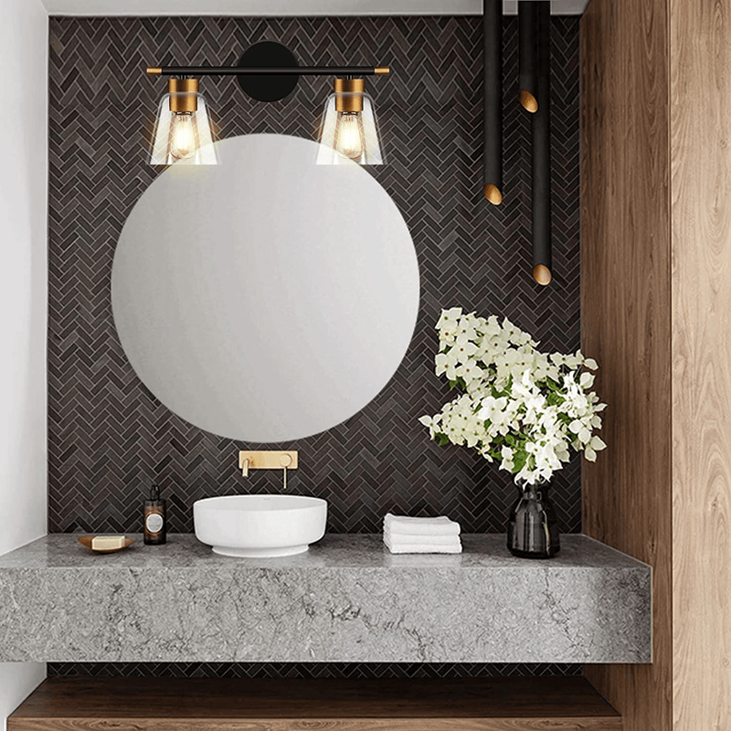 2-Light Vanity Lights Fixtures, Bathroom Lights Wall Mounted, Modern Wall Sconces Lighting, Matte Black Wall Light with Brass Accent Socket, Wall Lamp for Mirror Cabinets, Powder Room, Dressing Table