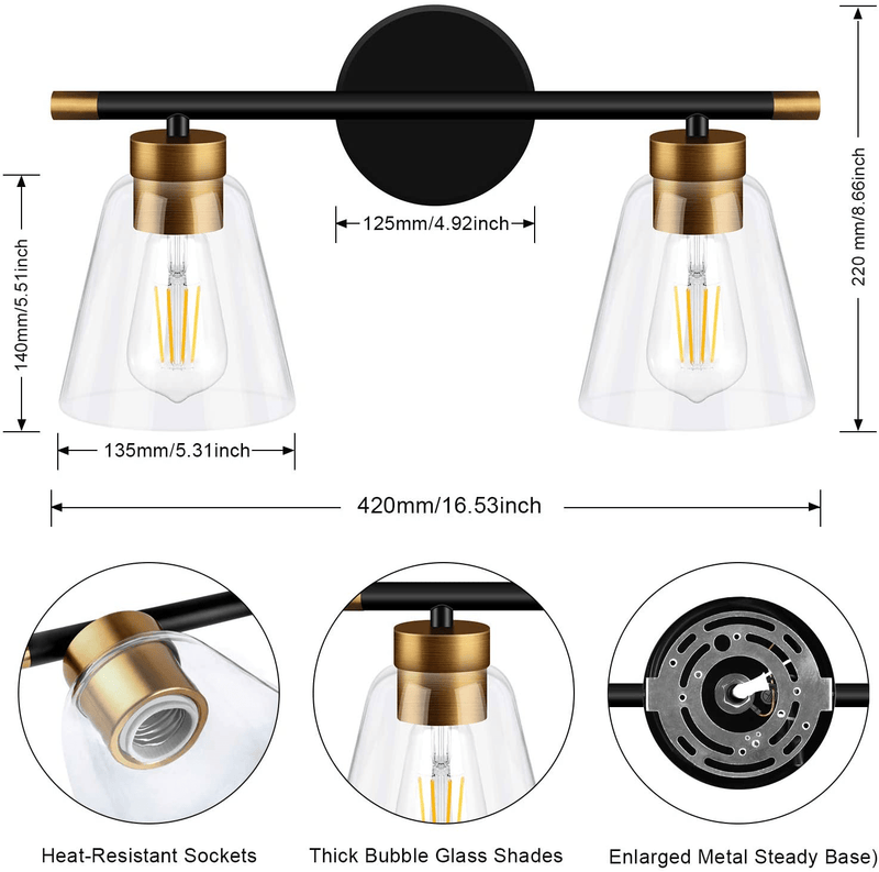2-Light Vanity Lights Fixtures, Bathroom Lights Wall Mounted, Modern Wall Sconces Lighting, Matte Black Wall Light with Brass Accent Socket, Wall Lamp for Mirror Cabinets, Powder Room, Dressing Table Home & Garden > Lighting > Lighting Fixtures > Wall Light Fixtures KOL DEALS   