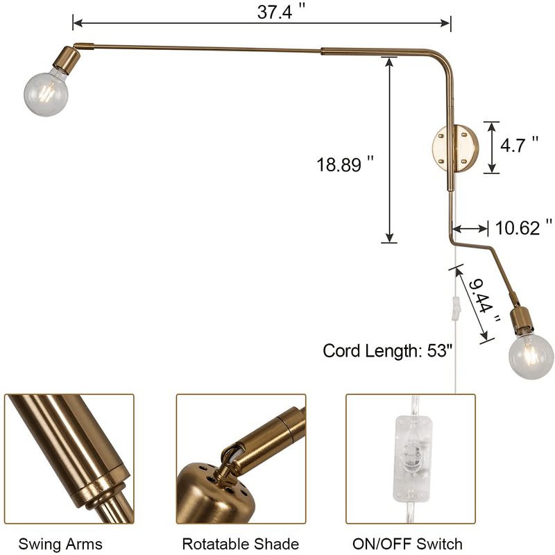 2-Lights Swing Arm Wall Sconce Plug in Ultra Thin Flexible Retro Wall Lamp Brass Plating Plug in Hard Wired Industrial Retro Rustic Antique Wall Lamp for Living Room Bedroom