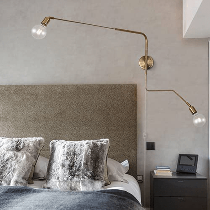 2-Lights Swing Arm Wall Sconce Plug in Ultra Thin Flexible Retro Wall Lamp Brass Plating Plug in Hard Wired Industrial Retro Rustic Antique Wall Lamp for Living Room Bedroom