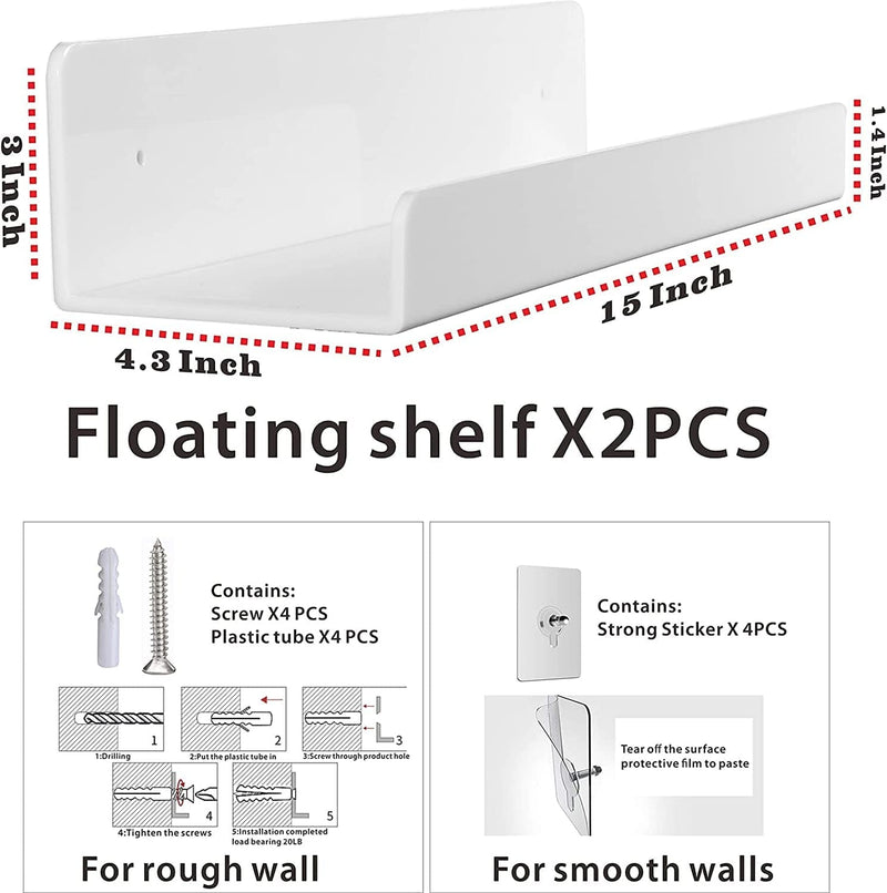 2 Pack 15 Inch Acrylic Invisible Kids Floating Bookshelf for Kids Room,Modern Picture Ledge Display Toy Storage Wall Shelf,White by Cq Acrylic Furniture > Shelving > Wall Shelves & Ledges Cq acrylic   