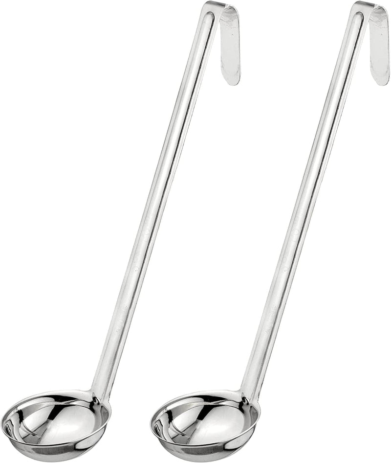 [2 Pack] 2 Oz Stainless Steel Soup Ladle - One-Piece Sauce Spatula with Hook Handles, Commercial Grade Serving Spoon, Kitchen Tool for Restaurant or Home Cooking, Mirror Finish, 12” Long