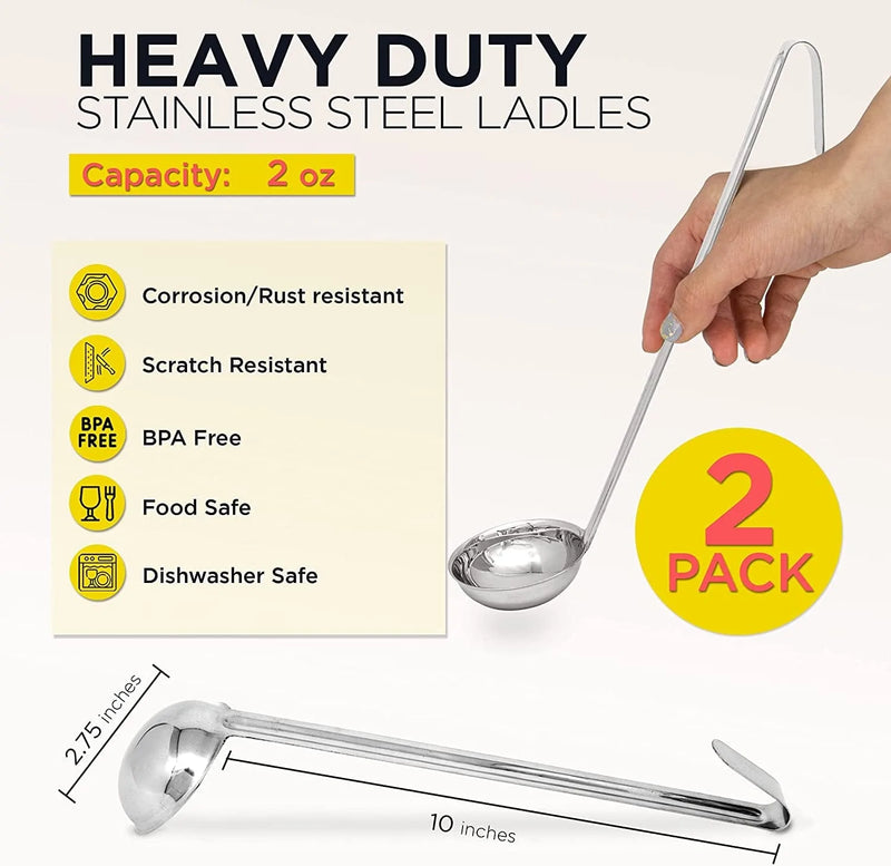 [2 Pack] 2 Oz Stainless Steel Soup Ladle - One-Piece Sauce Spatula with Hook Handles, Commercial Grade Serving Spoon, Kitchen Tool for Restaurant or Home Cooking, Mirror Finish, 12” Long Home & Garden > Kitchen & Dining > Kitchen Tools & Utensils FAF   