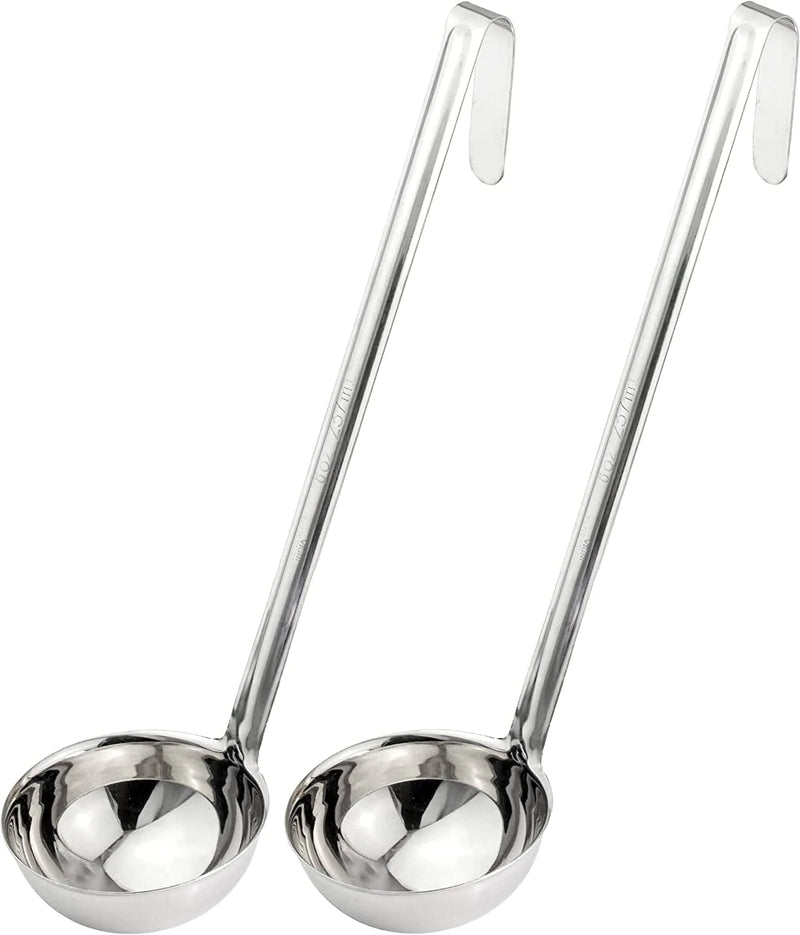 [2 Pack] 2 Oz Stainless Steel Soup Ladle - One-Piece Sauce Spatula with Hook Handles, Commercial Grade Serving Spoon, Kitchen Tool for Restaurant or Home Cooking, Mirror Finish, 12” Long