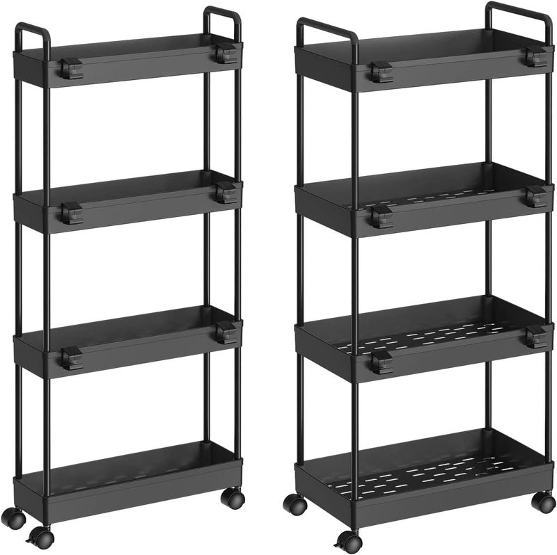 2 Pack 4 Tier Slim Storage Cart, Bathroom Organizer Laundry Room Organization Mobile Shelving Unit Slide Out Rolling Rack with Wheels for Kitchen Garage Office Small Apartment Narrow Space Home & Garden > Household Supplies > Storage & Organization LING RUI Black 4 Tier 