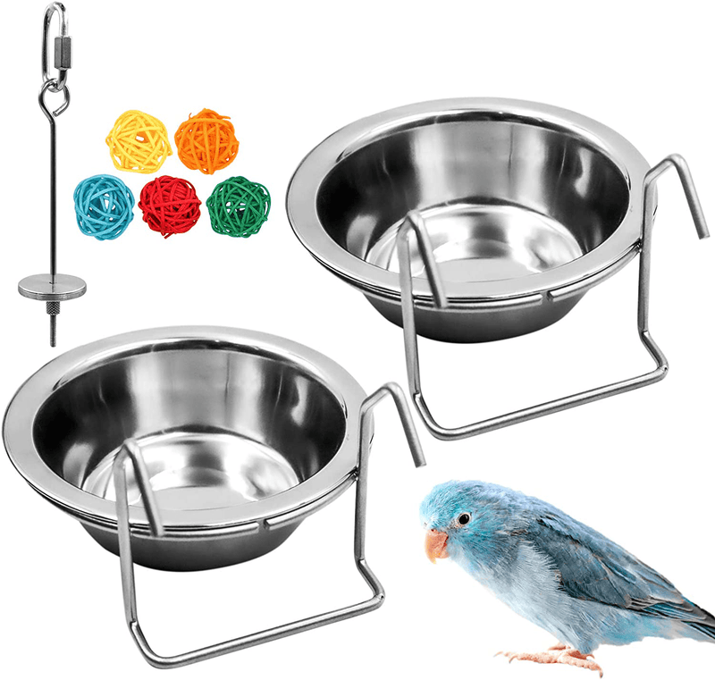 2 Pack Bird Feeder Birds Bowls Stainless Steel Dishes Coop Cups with Wire Hook, Parrot Feeding Dish Cups Food Water Bowls with Bird Food Holder and Rattan Ball for Finches Lovebirds (Set 1) Animals & Pet Supplies > Pet Supplies > Bird Supplies > Bird Cage Accessories > Bird Cage Food & Water Dishes suruikei Set 1  