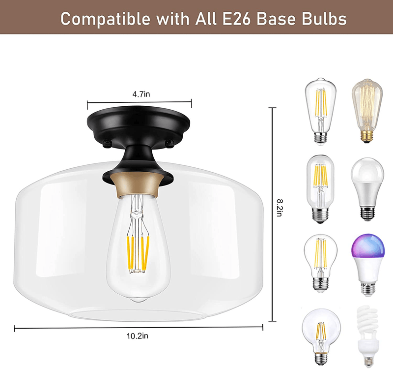2-Pack Ceiling Light Fixtures, Black Flush Mount Light Fixture, Farmhouse Light Fixtures with Clear Tempered Glass Shade, Close to Ceiling Light Fixtures, for Hallway, Kitchen, Bedroom, Entryway