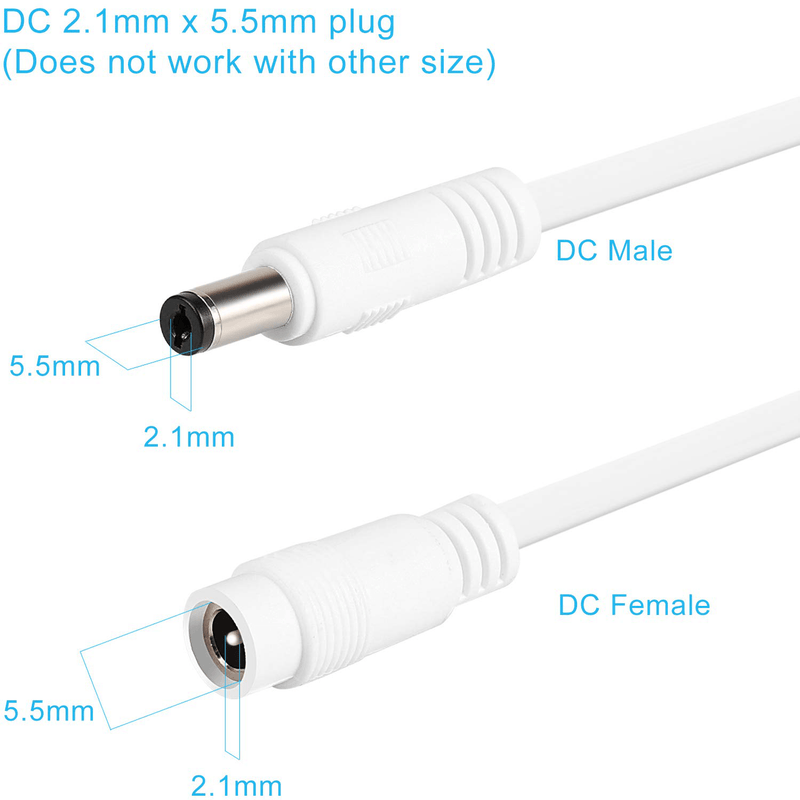 2 Pack DC Power Extension Cable 25ft 2.1mm x 5.5mm Compatible with 12V DC Adapter Cord for CCTV IP Camera, LED, Car, White