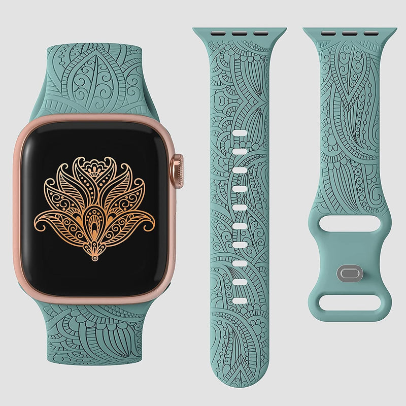 2 Pack Flower Engraved Sport Band, Compatible with Apple Watch Band 38/40/41/42/44/45MM, Floral Soft Silicone Bands Work with Iwatch Bands for Women, for Iwatch 8 7 SE 6 5 4 3 2 1, White/Pinegreen Sporting Goods > Outdoor Recreation > Winter Sports & Activities Merlion   