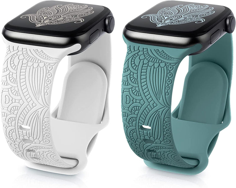 2 Pack Flower Engraved Sport Band, Compatible with Apple Watch Band 38/40/41/42/44/45MM, Floral Soft Silicone Bands Work with Iwatch Bands for Women, for Iwatch 8 7 SE 6 5 4 3 2 1, White/Pinegreen Sporting Goods > Outdoor Recreation > Winter Sports & Activities Merlion Pinegreen/White 42/44/45mm 