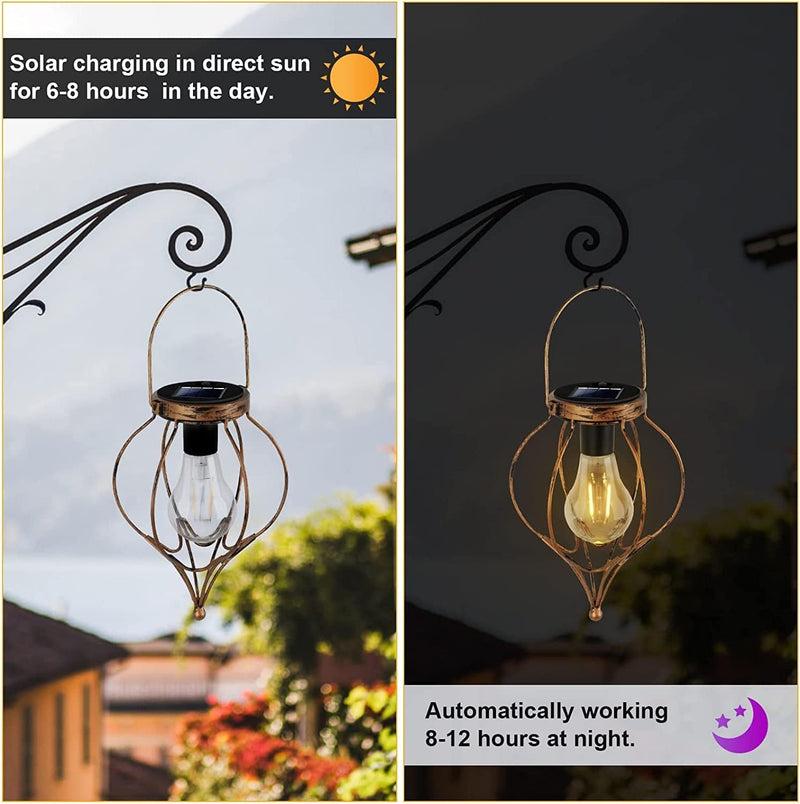 2 Pack Hanging Solar Lights, Retro Metal Waterproof Solar Lantern with Warm White LED Bulb, Decorative Solar Powered Outdoor Light Lamp for Patio Porch Fence Yard Garden Decor (Bronze) Home & Garden > Lighting > Lamps YWYWLED   