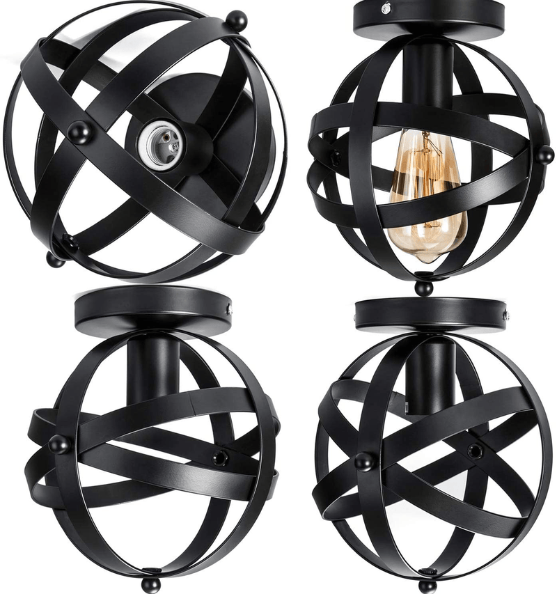 2 Pack Industrial Ceiling Light E26 E27 Vintage Globe Caged Semi-Flush Mount Ceiling Fixture for Hallway Porch Bedroom