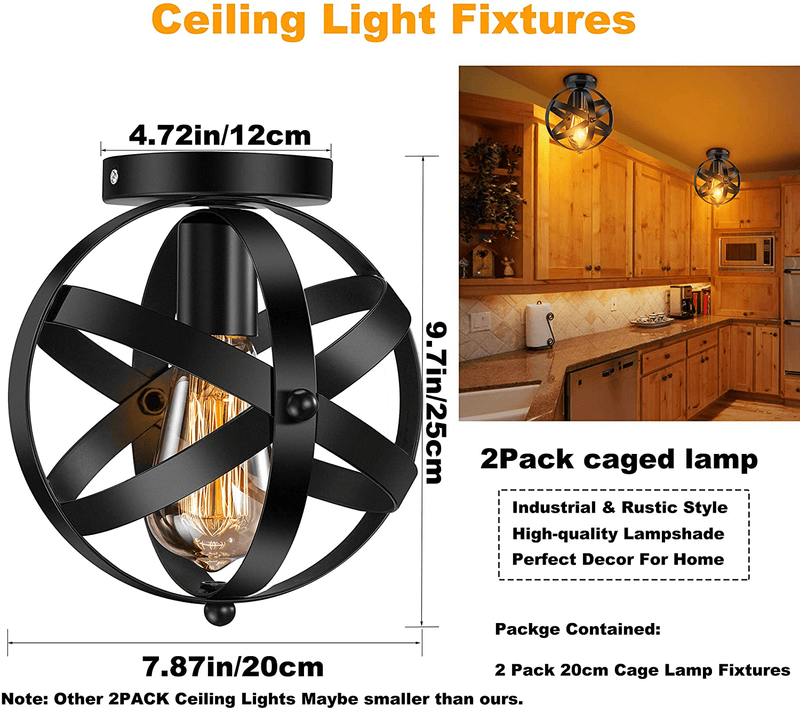 2 Pack Industrial Ceiling Light E26 E27 Vintage Globe Caged Semi-Flush Mount Ceiling Fixture for Hallway Porch Bedroom