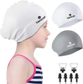 2 Pack Kids Swim Caps for Long/Short Hair, Unisex Silicone Swimming Cap for Age 3-15 Children Toddler Youth Teen, Waterproof Shower Cap Bathing Hats for Girls Boys with Ear Plugs & Nose Clip Sporting Goods > Outdoor Recreation > Boating & Water Sports > Swimming > Swim Caps Huizhou Born Sporting Goods Co.,Ltd. Gray+White Age 3-8 