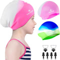 2 Pack Kids Swim Caps for Long/Short Hair, Unisex Silicone Swimming Cap for Age 3-15 Children Toddler Youth Teen, Waterproof Shower Cap Bathing Hats for Girls Boys with Ear Plugs & Nose Clip Sporting Goods > Outdoor Recreation > Boating & Water Sports > Swimming > Swim Caps Huizhou Born Sporting Goods Co.,Ltd. Multicolor-01 Age 3-8 
