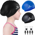 2 Pack Kids Swim Caps for Long/Short Hair, Unisex Silicone Swimming Cap for Age 3-15 Children Toddler Youth Teen, Waterproof Shower Cap Bathing Hats for Girls Boys with Ear Plugs & Nose Clip Sporting Goods > Outdoor Recreation > Boating & Water Sports > Swimming > Swim Caps Huizhou Born Sporting Goods Co.,Ltd. Black+Blue Age 3-8 
