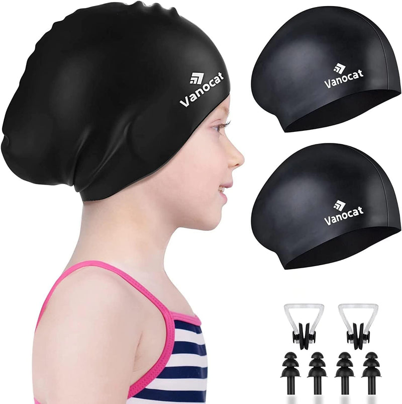2 Pack Kids Swim Caps for Long/Short Hair, Unisex Silicone Swimming Cap for Age 3-15 Children Toddler Youth Teen, Waterproof Shower Cap Bathing Hats for Girls Boys with Ear Plugs & Nose Clip Sporting Goods > Outdoor Recreation > Boating & Water Sports > Swimming > Swim Caps Huizhou Born Sporting Goods Co.,Ltd. Black+Black Age 3-8 