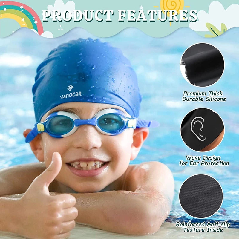 2 Pack Kids Swim Caps for Long/Short Hair, Unisex Silicone Swimming Cap for Age 3-15 Children Toddler Youth Teen, Waterproof Shower Cap Bathing Hats for Girls Boys with Ear Plugs & Nose Clip Sporting Goods > Outdoor Recreation > Boating & Water Sports > Swimming > Swim Caps Huizhou Born Sporting Goods Co.,Ltd.   