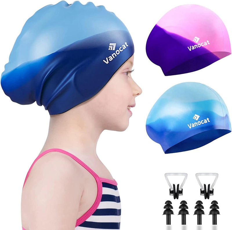 2 Pack Kids Swim Caps for Long/Short Hair, Unisex Silicone Swimming Cap for Age 3-15 Children Toddler Youth Teen, Waterproof Shower Cap Bathing Hats for Girls Boys with Ear Plugs & Nose Clip Sporting Goods > Outdoor Recreation > Boating & Water Sports > Swimming > Swim Caps Huizhou Born Sporting Goods Co.,Ltd. Multicolor-02 Age 3-8 