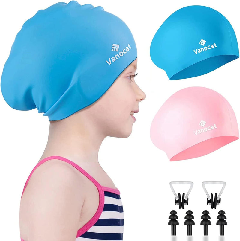 2 Pack Kids Swim Caps for Long/Short Hair, Unisex Silicone Swimming Cap for Age 3-15 Children Toddler Youth Teen, Waterproof Shower Cap Bathing Hats for Girls Boys with Ear Plugs & Nose Clip Sporting Goods > Outdoor Recreation > Boating & Water Sports > Swimming > Swim Caps Huizhou Born Sporting Goods Co.,Ltd. Pink+Sky Blue Age 3-8 