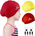 2 Pack Kids Swim Caps for Long/Short Hair, Unisex Silicone Swimming Cap for Age 3-15 Children Toddler Youth Teen, Waterproof Shower Cap Bathing Hats for Girls Boys with Ear Plugs & Nose Clip Sporting Goods > Outdoor Recreation > Boating & Water Sports > Swimming > Swim Caps Huizhou Born Sporting Goods Co.,Ltd. Yellow+Red Age 3-8 