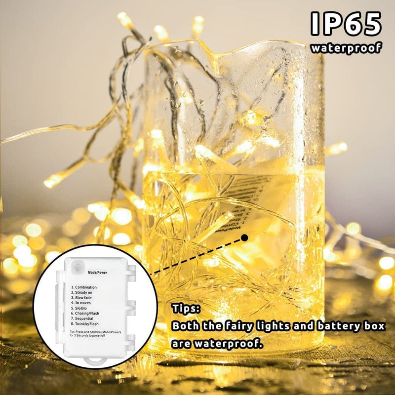[2 Pack] Koopower 16Ft 50 LED Outdoor Battery String Lights on IP65 Waterproof String (Timer, Auto On/Off, 8 Modes, Warm White)