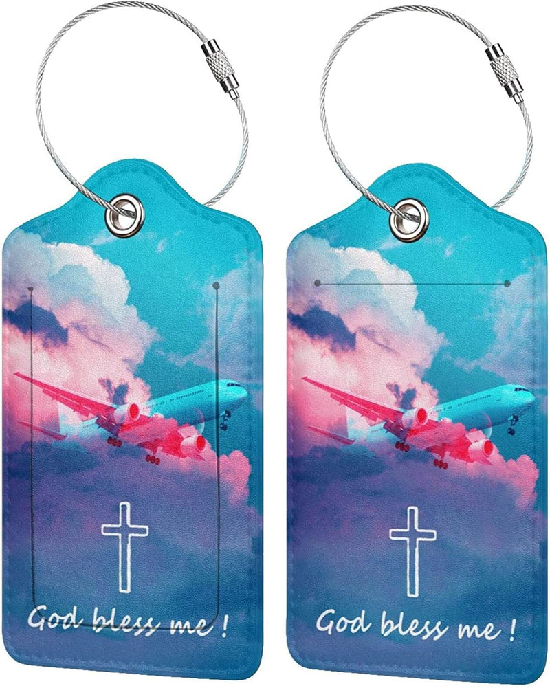 2 Pack Luggage Tag for Suitcase, Cute Unique Leather Suitcase Tags Identifiers with Privacy Name Address Labels & Durable Steel Loop for Women Men Travel Sporting Goods > Outdoor Recreation > Winter Sports & Activities COWDIY God Bless Me  