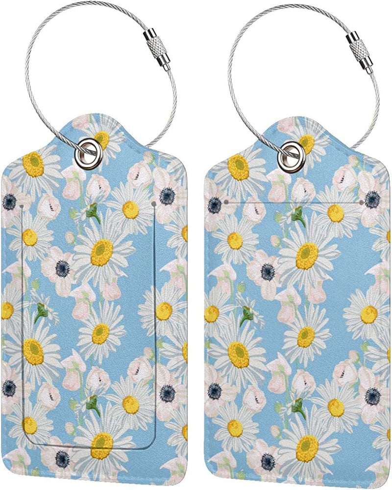 2 Pack Luggage Tag for Suitcase, Cute Unique Leather Suitcase Tags Identifiers with Privacy Name Address Labels & Durable Steel Loop for Women Men Travel Sporting Goods > Outdoor Recreation > Winter Sports & Activities COWDIY White Daisies  